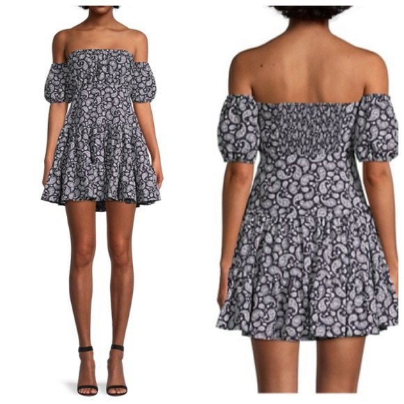LIKELY NWT Marty Off-Shoulder Paisley Navy Blue Dress  Women’s Size 4 - Picture 1 of 16